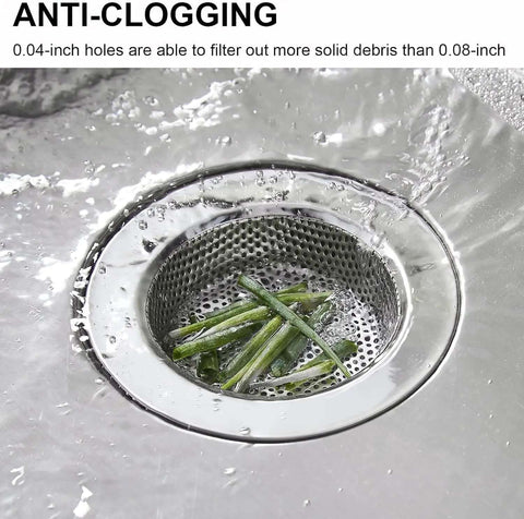 Stainless Steel Kitchen Sink Strainer Set 4.5 Inch Wide Rim Drain Strainers Heavy Duty Rust Resistant 2 Pack in sink with debris