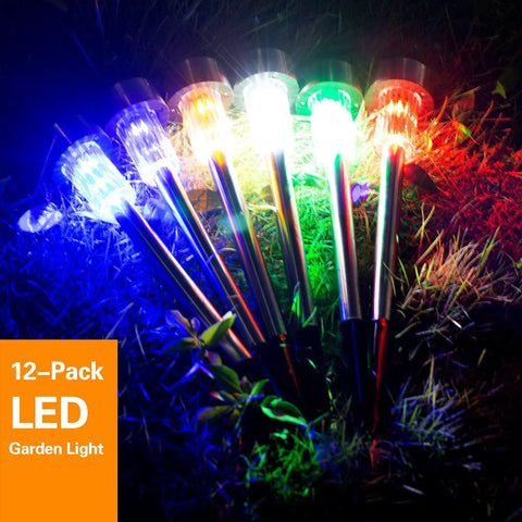 Colorful LED lights from Solar Pathway Lights Outdoor Kit Stainless Steel Garden Landscape Lighting For Lawn Patio And Walkways 12 Pack In 6 Color Options Auto On At Night No Wiring Weatherproof Easy Setup Hassle Free Yard Glow brightening grass area.