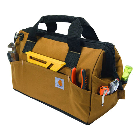 Trade Series 16 Inch Tool Bag With Zippered Main Compartment 23 Pockets Metal Frame, tools visible in exterior pockets