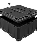 Tough As Nails Dual Group 8D Battery Box With Easy Install Mounts And Massive Cable Openings For Marine RV Campers and Work Trucks, showing a black rotomolded design.