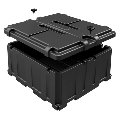 Tough As Nails Dual Group 8D Battery Box With Easy Install Mounts And Massive Cable Openings For Marine RV Campers and Work Trucks, showing a black rotomolded design.
