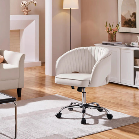 Cute Velvet Desk Chair With Wheels For Home Office Vanity And Study, upholstered swivel armchair with tufted barrel back in cream