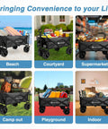 Collage of a Foldable Wagon With All Terrain Wheels Hauls Big Loads 300 Lb Capacity Heavy Duty Portable Utility Trolley in six locations