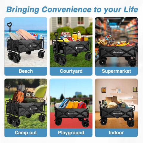 Collage of a Foldable Wagon With All Terrain Wheels Hauls Big Loads 300 Lb Capacity Heavy Duty Portable Utility Trolley in six locations