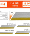 Top Tier SS304 Stainless Steel Finish Nails 15 Gauge 34 Degree Angled Head 1 1/2 Inch Long Corrosion Resistant Rust Proof Woodworking Fasteners 1000 Count with specifications.