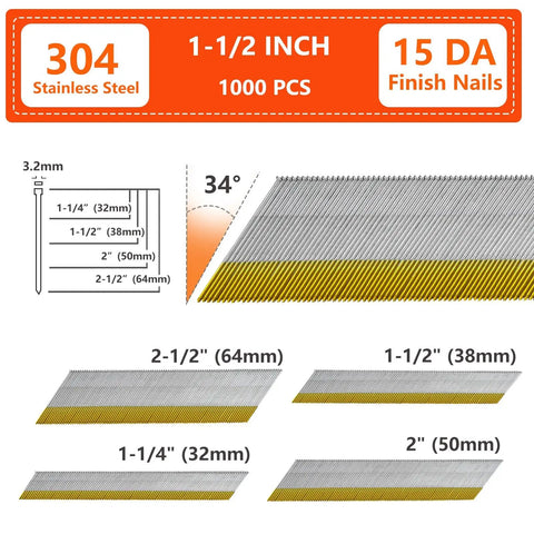 Top Tier SS304 Stainless Steel Finish Nails 15 Gauge 34 Degree Angled Head 1 1/2 Inch Long Corrosion Resistant Rust Proof Woodworking Fasteners 1000 Count with specifications.
