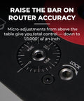 Close-up view of Precision Router Lift For Router Table System With Heavy Duty Plate Insert That Will Not Sag Built For Quick Accurate And Repeatable Setups Smooth Above Table Adjustments And Durable Aluminum Plate, showcasing micro-adjustments controls.
