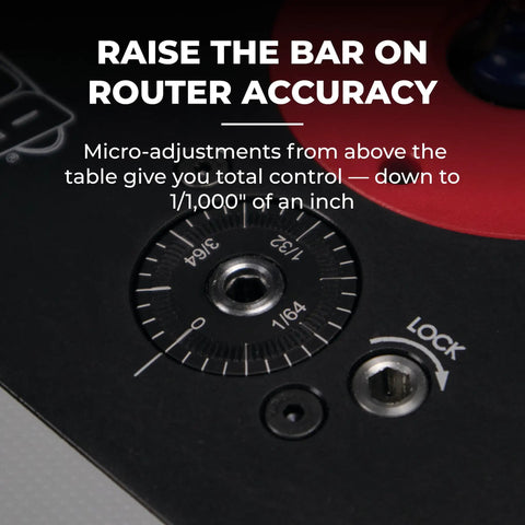 Close-up view of Precision Router Lift For Router Table System With Heavy Duty Plate Insert That Will Not Sag Built For Quick Accurate And Repeatable Setups Smooth Above Table Adjustments And Durable Aluminum Plate, showcasing micro-adjustments controls.