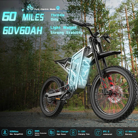 X2Pro Electric Dirt Bike For Adults With 6000W Peak Motor and 60V/30Ah Battery showcased in woodland setting