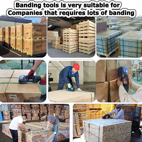 Powerhouse Handheld Electric Strapping Machine Pp Pet Straps Battery Powered Tensioner Cutter Sealer in use with packed boxes.