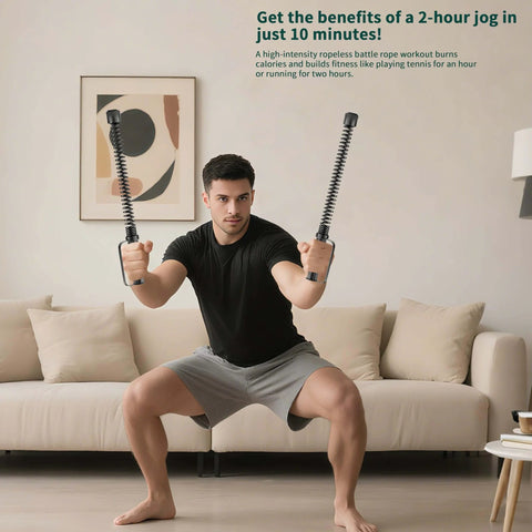 Man using Two Pack Ropeless Battle Ropes For Home Gym Cordless Workout Ropes With Gloves Bag And Tutorial for HIIT exercise