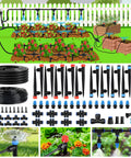 Two Hundred Forty Foot Drip Irrigation Kit With No Hassle Quick Connect Fittings shown with setup in a garden and plants