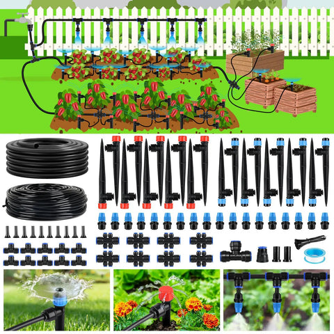 Two Hundred Forty Foot Drip Irrigation Kit With No Hassle Quick Connect Fittings shown with setup in a garden and plants