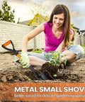 Woman using 28 Inch Round Shovel With D Handle For Garden Beach Camp Use Fiberglass Handle Workhorse Tool For Transplanting Gravel Sand And Snow Durable Metal Construction in garden.