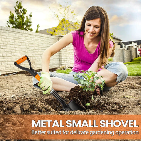 Woman using 28 Inch Round Shovel With D Handle For Garden Beach Camp Use Fiberglass Handle Workhorse Tool For Transplanting Gravel Sand And Snow Durable Metal Construction in garden.