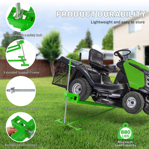 Heavy Duty Lawn Mower Lift Jack for Riding Tractor & Garden Mowers 880 Lbs Capacity High Angle Tilt Crank Stand with safety lock.