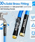 SPECILITE blue garden hose, 50 ft x 5/8 in, rubber with 3/4-inch brass fittings, 360-degree swivel (front view).