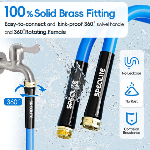 SPECILITE blue garden hose, 50 ft x 5/8 in, rubber with 3/4-inch brass fittings, 360-degree swivel (front view).