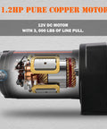 Close-up of 1.2HP motor in 3000 Lb Electric Winch For ATV UTV Boat Trailer With Synthetic Rope 12V DC Off Road Towing Winch