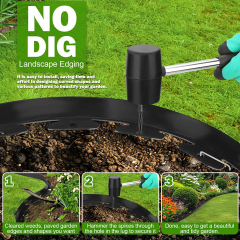 50Ft By 2In Landscape Edging Border Kit With 90 Pieces Garden Staples No Dig Border Edging System Includes Hammer And Gloves For Flower Beds And Lawn Edging