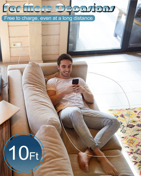 Man using Ultra Fast iPhone Charger Bundle 2 Pack With 10 Ft USB C To Lightning Cables For Quick Charge 50 Percent In 30 Minutes
