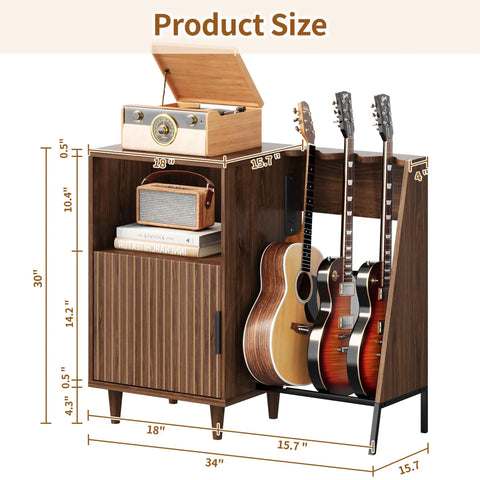 Mid Century Music Cabinet With Built In Outlets And Vinyl Record Storage Sturdy Guitar Stand showing dimensions and details.