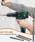 50 Piece Set Of 1/8 Inch Spiral Drywall Router Bits With Left Hand Rotation For Rapid Dust Control and Precision Tracking in use with a drill.