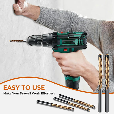 50 Piece Set Of 1/8 Inch Spiral Drywall Router Bits With Left Hand Rotation For Rapid Dust Control and Precision Tracking in use with a drill.