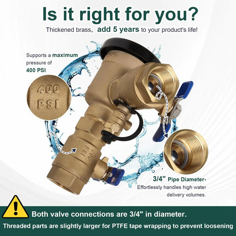 Image of Brass 3/4 Inch Pressure Vacuum Breaker Backflow Preventer, 400 PSI Max, Pro Grade, showing threaded connections and brass texture.