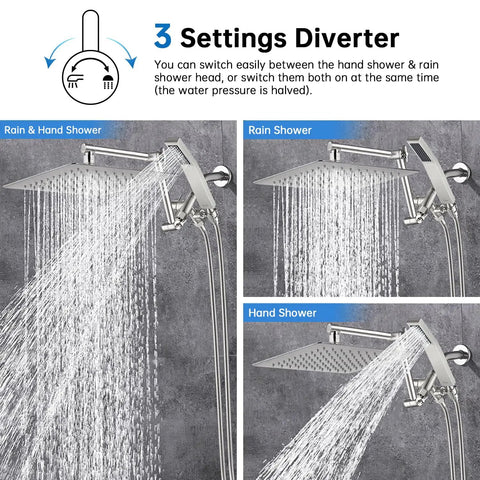12 Inch Rainfall Shower Head With Handheld Spray Combo in Brushed Nickel, 3 Settings Diverter, showing rain and hand shower options