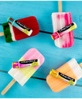 Sweet Watermelon, Peaches And Cream, Pink Lemonade Lip Balm Trio on colorful popsicles, 0.15 oz each, beach bag essential for summer vibes