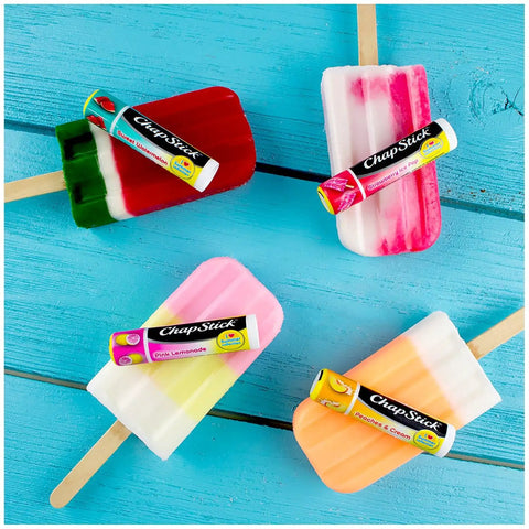 Sweet Watermelon, Peaches And Cream, Pink Lemonade Lip Balm Trio on colorful popsicles, 0.15 oz each, beach bag essential for summer vibes