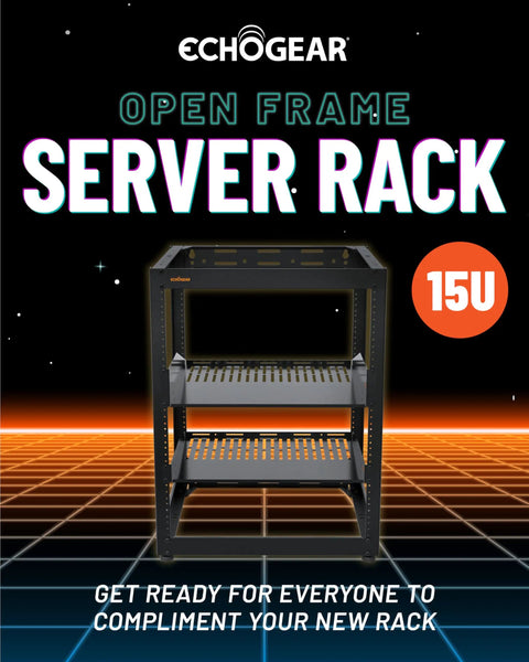 15U Open Frame Server Rack With Wall Mountable Design Including Vented Shelves in a futuristic setting.