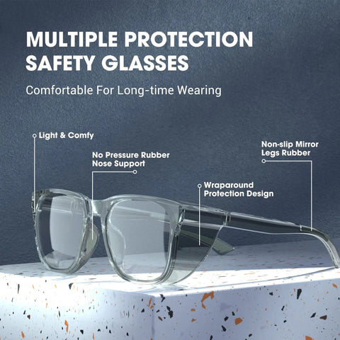 All Day Anti Fog Safety Glasses With Blue Light Protection For Men And Women Scratch Resistant Lenses Lab Goggles Eye Protection Eyewear Clear Lens In Grey Frame For Everyday Work And Home Use on speckled surface.