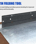 12 Inch Sheet Metal Bender With Dual Folding Depths 3/8 And 1 Inch, handy tool for metal bending shown on metal sheet.