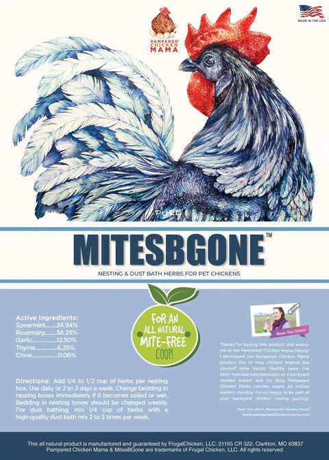Product packaging for MitesBGone All Natural Nesting Herbs For Chickens To Fight Mites And Lice In Coops And Dust Baths With Fresh Scent