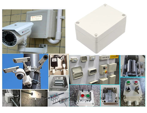 2-Pack Weatherproof Outdoor Junction Box Set, IP65 ABS Plastic Enclosures in Gray-White used for electrical connections and security setups.