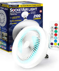 SocketAir Wireless Ceiling Fan Light With Remote Extender 110 To 120 Volts 2100 Lumens Three Fan Speeds Three Light Settings 6500K Cool White Ideal For Living Rooms Dining Areas And Home Office with packaging and remote control.