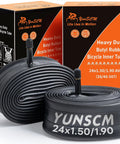 2 Pack 24 Inch Heavy Duty Bike Tubes With AV32mm Schrader Valve, black butyl rubber tubes in front of packaging