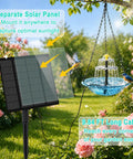 Solar Hanging Bird Bath Fountain With Cascading Water Effect For Garden Patio And Backyard Outdoor Solar Powered Bird Bath Fountain Easy No Fuss Setup Low Maintenance Water Display with solar panel and chain hanging in garden.