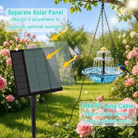 Solar Hanging Bird Bath Fountain With Cascading Water Effect For Garden Patio And Backyard Outdoor Solar Powered Bird Bath Fountain Easy No Fuss Setup Low Maintenance Water Display with solar panel and chain hanging in garden.