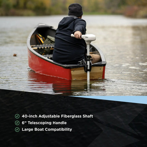 Person using a 62lb Thrust Transom Mounted Saltwater Electric Trolling Motor With LED Battery Indicator And 40 Inch Shaft on a red canoe.