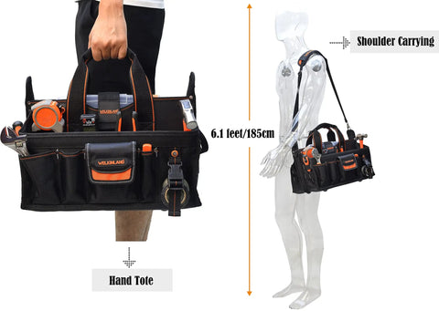 Heavy Duty 19 Pocket Tool Tote For HVAC Technicians And Electricians with hand and shoulder carrying options shown