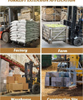 Heavy Hitter 72 Inch Pallet Forklift Extensions 5.3 Inches Wide, lifting sacks in a factory setting.