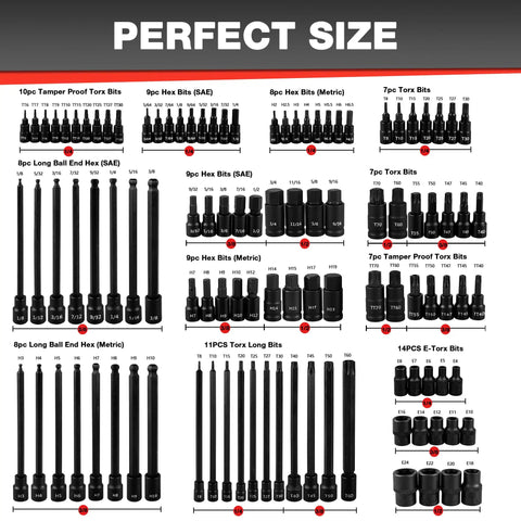 107 Piece Bit Socket Set With 1/4 3/8 And 1/2 Inch Drives Torx Tamper Proof Extra Long Hex And Ball End Hex Bits layout