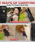 27 In 1 Multitool with Needle Nose Pliers in sheath on belt and pocket clip, worn by a man hiking with a backpack outdoors