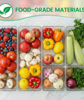 Clear Plastic Drawer Organizer Set, 6 Piece In Two Sizes filled with fruits and vegetables on kitchen counter