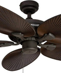 Close-up of Palm Island 52 Inch Tropical Ceiling Fan With No Light For Indoor Outdoor Use, featuring 5 palm leaf blades and bronze finish.