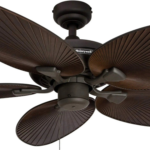 Close-up of Palm Island 52 Inch Tropical Ceiling Fan With No Light For Indoor Outdoor Use, featuring 5 palm leaf blades and bronze finish.