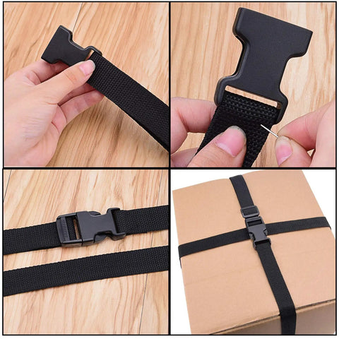 1 Inch Polypropylene Webbing Strap Kit With 16 Yards Of Black Webbing And 16 Side Release Buckles Plus Slide Adapters shown securing a box